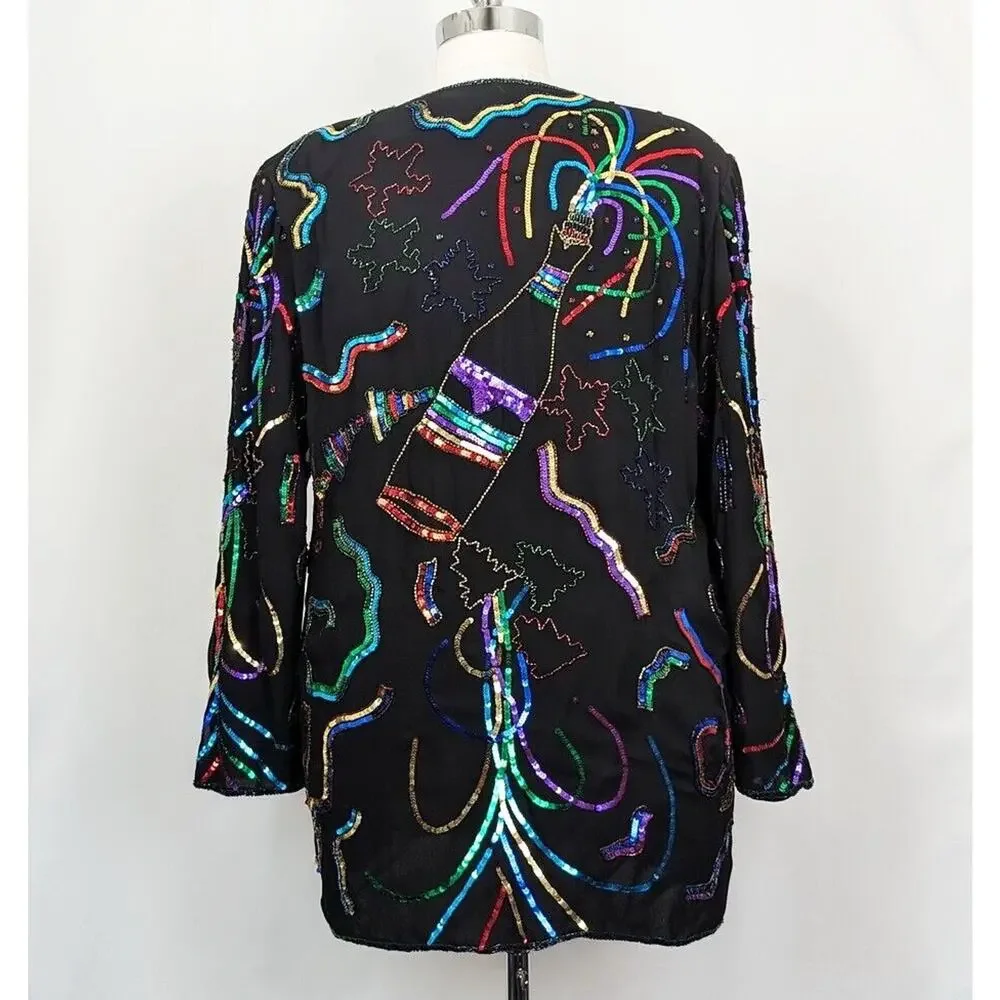 French Collizini Jacket Black Colorful Glamoratti Sequin Women's Size 2X New